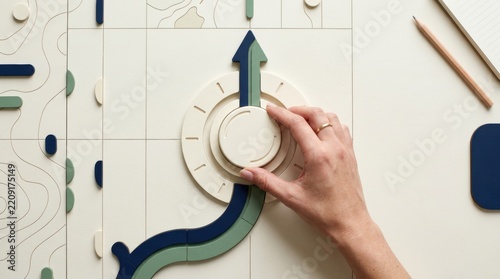 growth revenue growth strategic planning. Hand adjusting a rotary dial on a control panel with arrows and pathways.