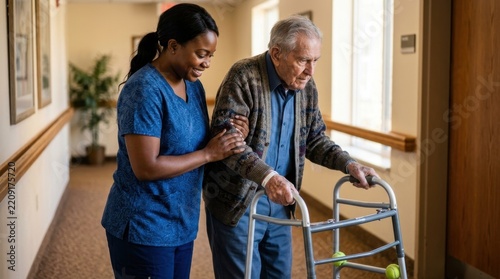 Caregiver assisting an elderly man using a walker in a long term care facility hallway