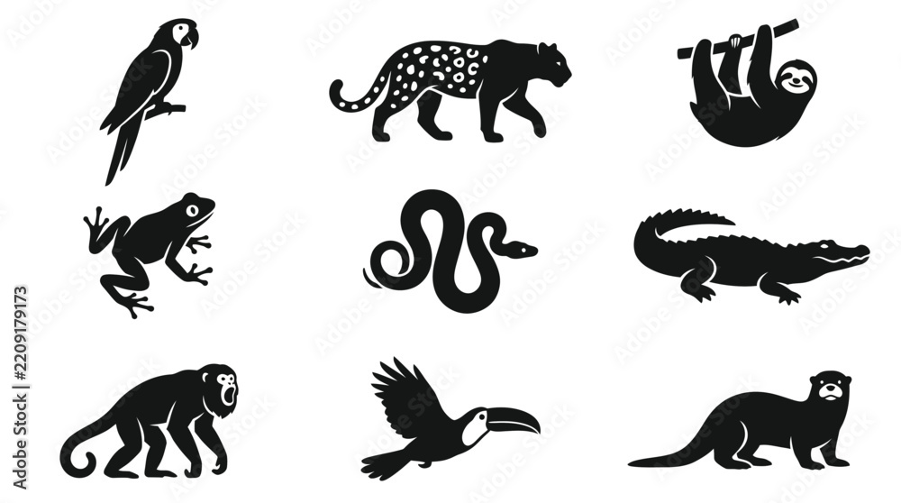 Obraz premium Collection of Rainforest Animal Silhouettes Featuring Tropical Wildlife Species in Detailed Flat Black Vector Graphics