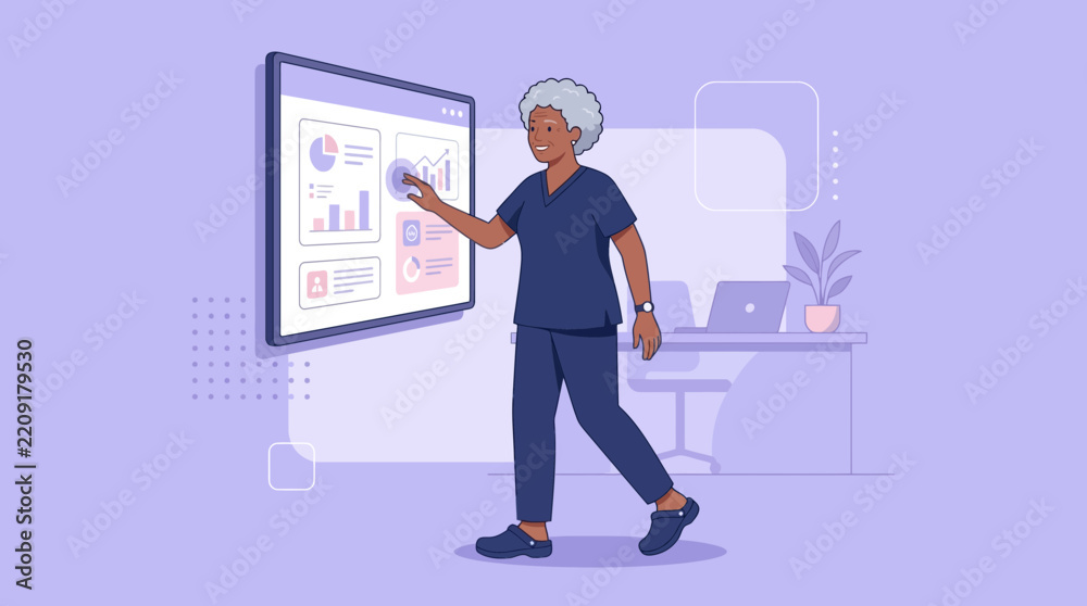 Obraz premium Senior nurse pointing at analytics screen in modern office, isolated