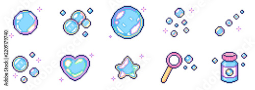 Cute Bubble & Soap Bubble Pixel Art Set, Kawaii Bubble Collection