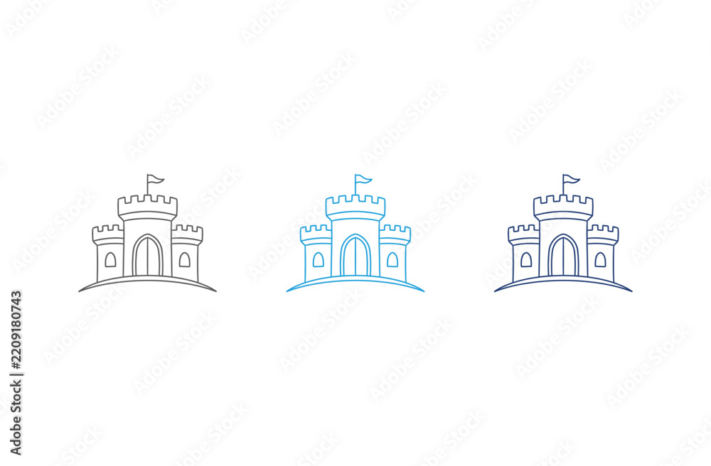 Fototapeta premium Three stylized castle icons in different colors on a white background.