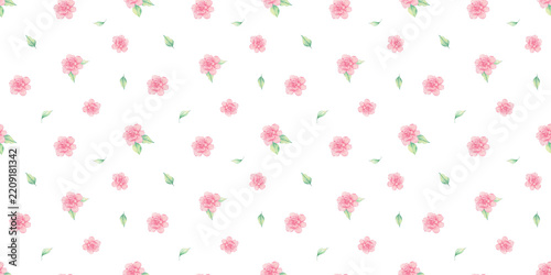 Seamless watercolour flower pattern with cute small blooms in pastel shades, ideal for baby textiles, cottagecore backgrounds, and charming spring floral prints with botanical details.