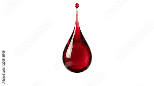 3D rendered single large glossy crimson red liquid drop resembling blood or thick syrup with a tiny suspended spherical droplet isolated on a transparent background for graphic design use