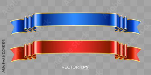 Shiny blue and red festive ribbon banners with golden borders.
