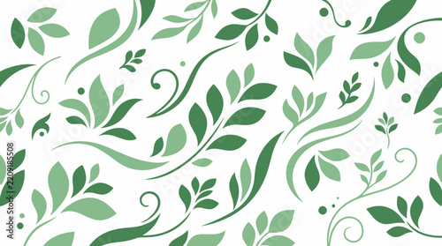 Elegant Green Leaf Pattern and Botanical Swirls Background, Nature-Inspired Seamless Floral Illustration with Organic Vines and Foliage Shapes for Eco-Friendly Web Design, Wallpaper, and Textiles.
