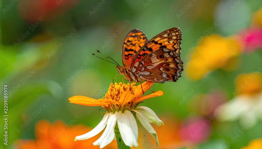 Obraz premium Orange butterfly perched on a vibrant flower in summer garden