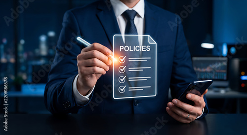 Professional Businessman Reviewing Digital Policies Document with Stylus and Smartphone in a Modern Business Office