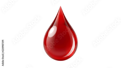 Single large 3D rendered liquid drop resembling blood or red fluid, glossy and reflective surface with highlights, isolated on a clean solid white background for minimalist clinical design usage