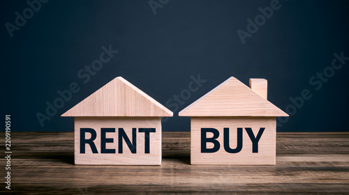 The decision on whether to rent or buy a home is being made, using wooden house models to compare rental and homeownership options, real estate investments, mortgages, and housing finance