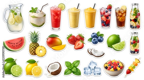 A colorful sticker set featuring various refreshing fruit cocktails smoothies tropical juices and fresh organic fruits isolated on white background design