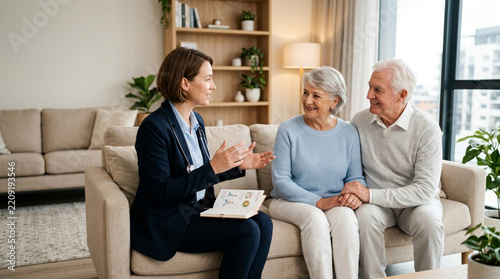 Financial advisor consulting with elderly couple about investments and retirement planning