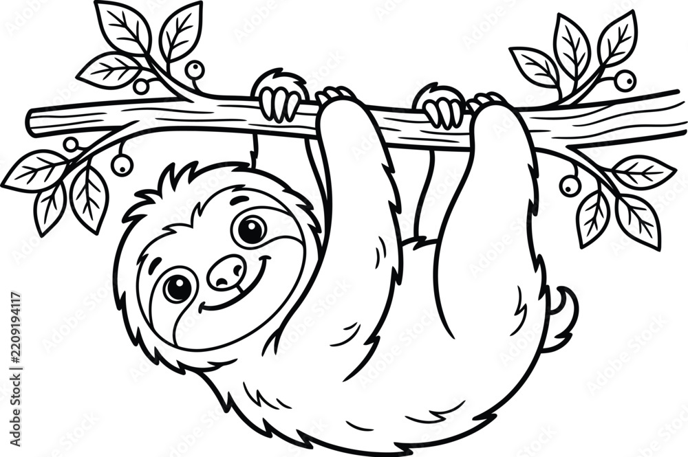 Obraz premium Cute cartoon sloth hanging from a branch with leaves in black and white