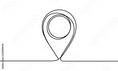 Minimalist continuous line drawing of a location pin icon on a clean white background symbolizing navigation and travel.