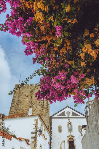 Fotografie Vibrant bougainvillea flowers framing the historic castle tower and church in th