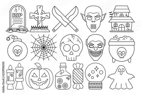 Halloween Equipment Outline Illustration, Unique Halloween festival elements perfect for complementing designs, decorations, prints and more