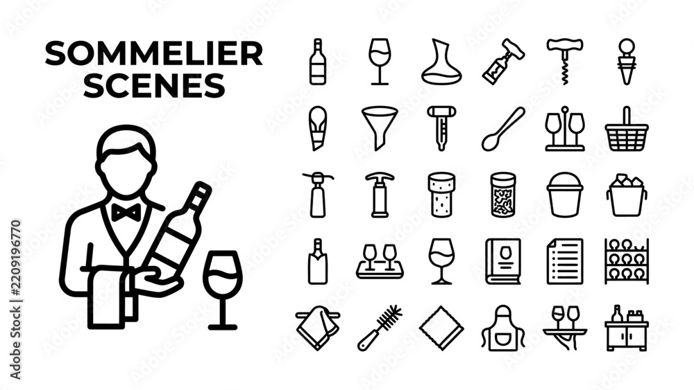 Obraz premium Sommelier Icons and Illustration: A collection of line art icons and a central illustration depicting a sommelier holding a wine bottle and glass, surrounded by various wine service accessories.