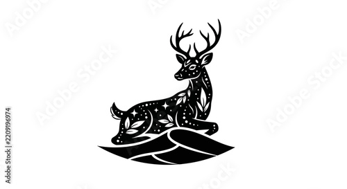 Elegant Stag Silhouette with Celestial and Floral Ornaments, Isolated
