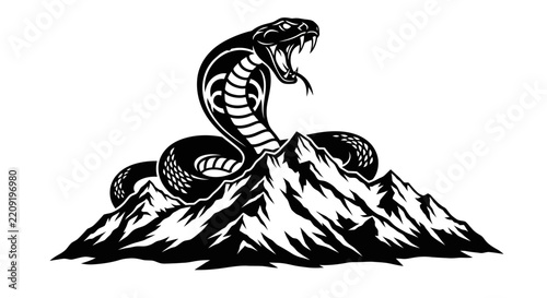 Fierce Cobra Snake on Mountain Peak, Black and White, Isolated