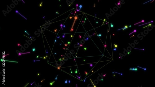 Abstract geometric sphere rotating with colorful light nodes on black