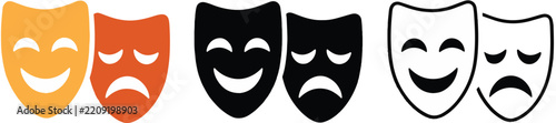Theater Masks Set, Comedy and Tragedy Icons, Vector Illustration. Dramatic Performance Design, Stage Art Concept