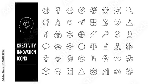 Creativity Icons Set with Innovation Symbols, Design Elements, and Conceptual Illustrations
