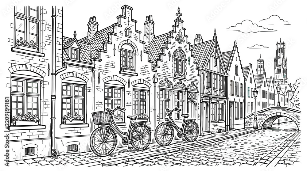 Obraz premium Sketch of Historic European Town with Bicycles
