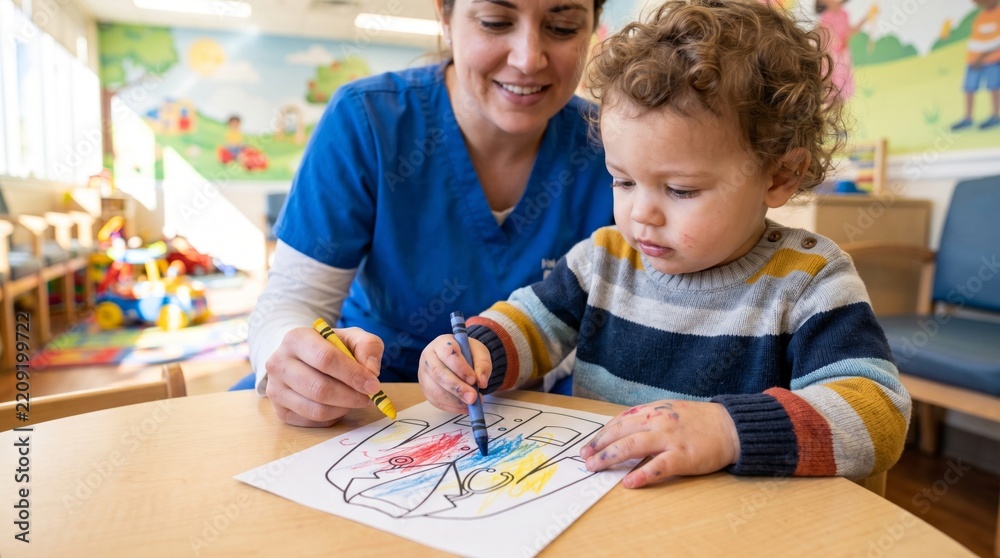 Obraz premium Caregiver helping toddler color drawing in daycare classroom
