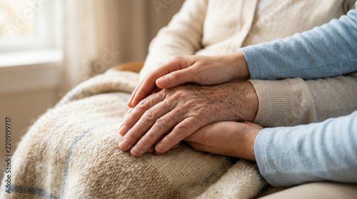 Caring Hands: Senior Woman's Wrinkled Hands Held by Younger Person