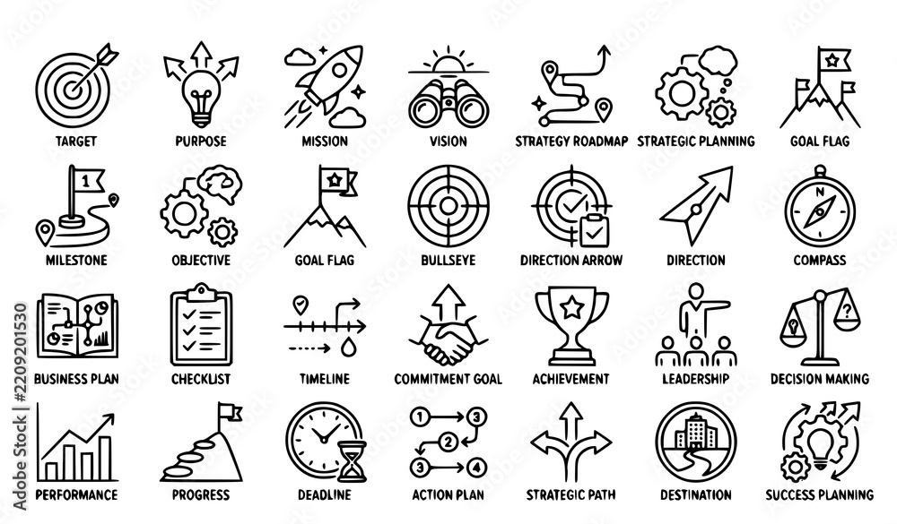 Fototapeta premium Business Purpose Strategy Target Goals and Strategic Planning Linear Icons