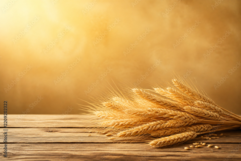 Obraz premium A stalk of golden wheat rests on a rustic wooden surface against a warm, glowing background.