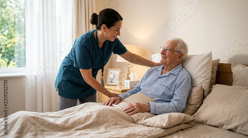Caring nurse assists elderly man in bed at home, offering comfort and support.