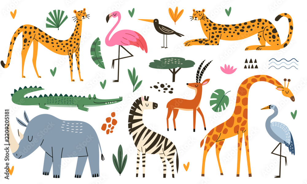 Obraz premium Cute safari animal collection featuring giraffes, cheetahs, zebra, rhinoceros, crocodile, flamingos, antelope and tropical birds with botanical elements. Flat vector illustration in aplayful handdrawn