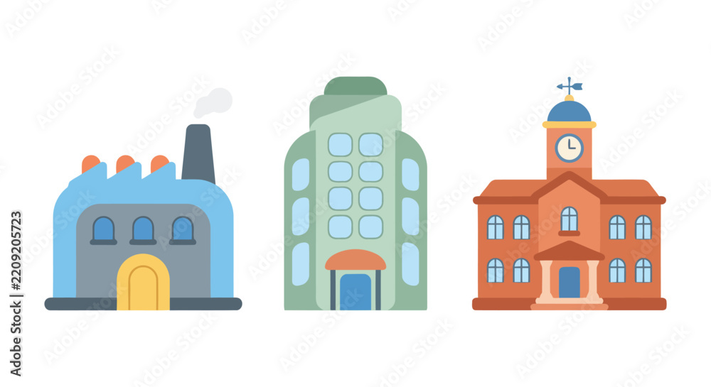 Obraz premium Illustrative buildings with factory apartment and town hall styles on a white background