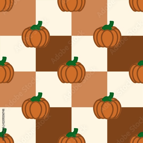Pumpkin Checkerboard Seamless Pattern for Autumn Fall Halloween