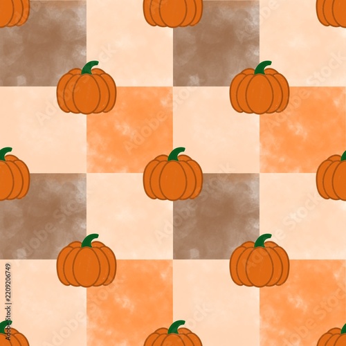 Orange Pumpkin Watercolor Checkerboard Seamless Pattern for Fall