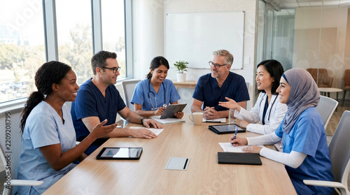 Diverse Medical Team Discussing Ideas in a Modern Meeting Room