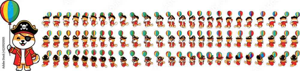 Obraz premium Cute Cartoon Shiba Inu Pirate Character Holding a Colorful Balloon