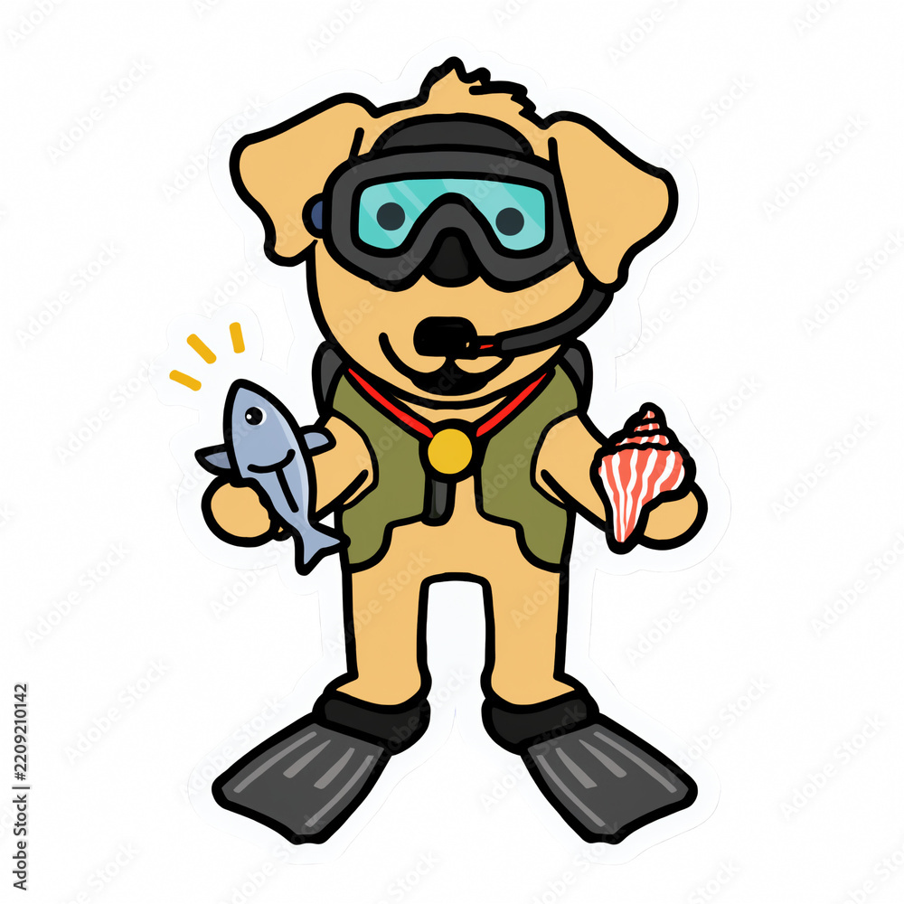 Fototapeta premium Cute Dog Diver Sticker with Fish and Seashell