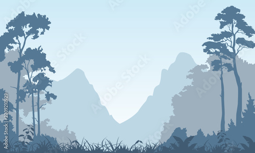 A silhouette of a tropical forest, complete with trees and undergrowth. Suitable as a design element for natural forest themes, infographics, and adventure games.