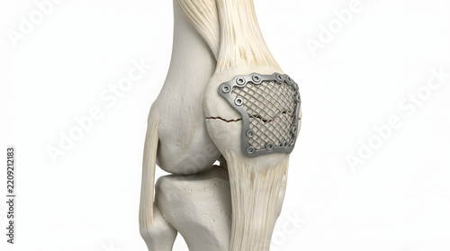 Titanium mesh plate and screws fixing a fractured patella kneecap isolated on white background