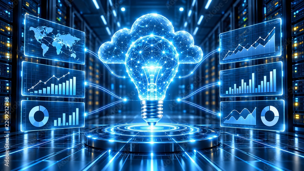 Fototapeta premium Glowing holographic light bulb in a modern data center surrounded by digital business analytics and financial charts