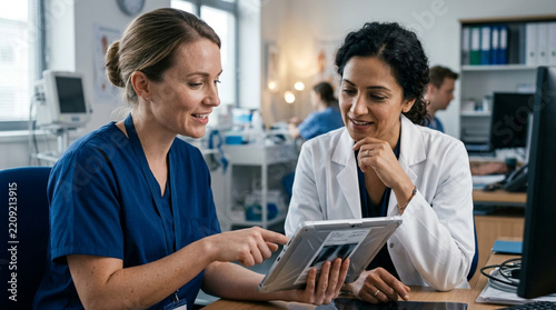 Doctor and nurse discussing patient information on a tablet in a modern clinic