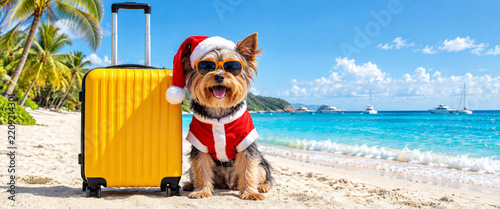 Small dog in Santa costume beside yellow suitcase on sunny tropical beach with palm trees and ocean holiday travel scene