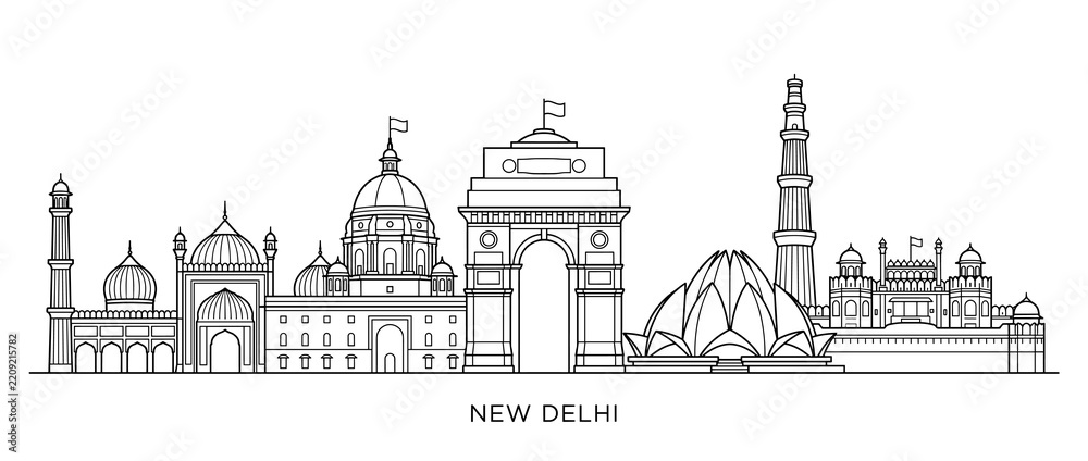 Obraz premium New Delhi Skyline Illustration: Iconic Landmarks in Black and White Outline