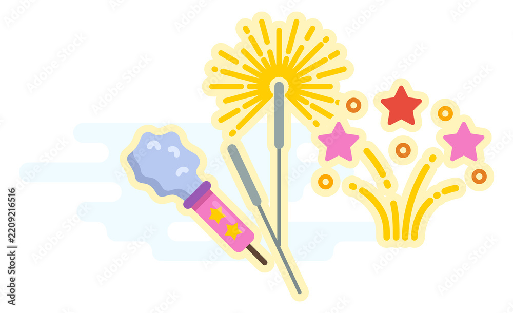 Obraz premium A cartoon of fireworks and a firecracker with a star in the background
