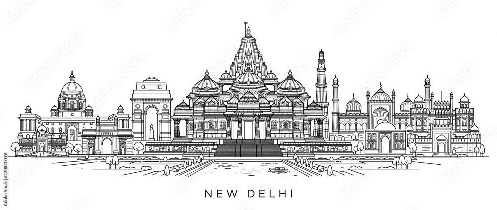 Obraz premium New Delhi Skyline Line Art - India Landmark Buildings Vector Illustration