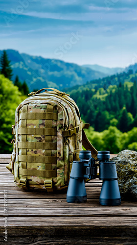 A backpack and binoculars on a wooden surface with a scenic mountainous background