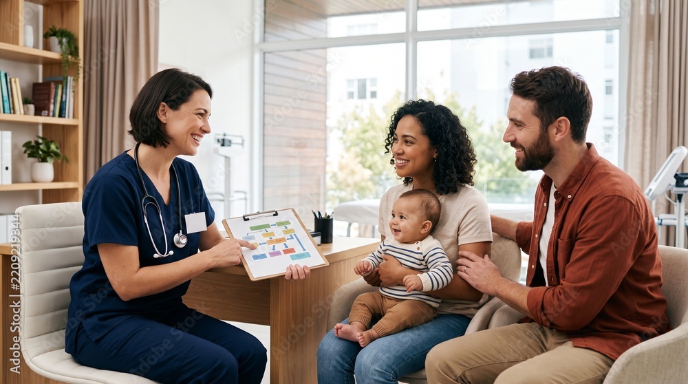Fototapeta premium Friendly female pediatrician consulting with young parents and their baby in a modern clinic office.