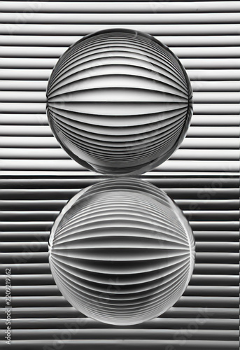 Glass ball with reflected pattern of horizontal lines and mirror image abstract art in monochrome black and white
